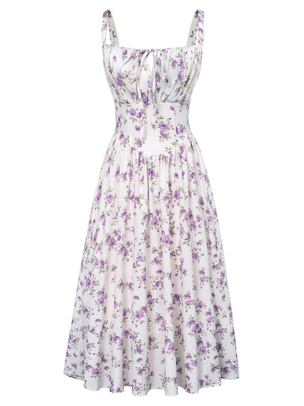 European And American Spaghetti-strap Floral Print Dress Waist-tight