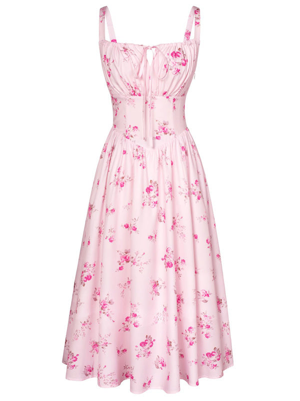 European And American Spaghetti-strap Floral Print Dress Waist-tight