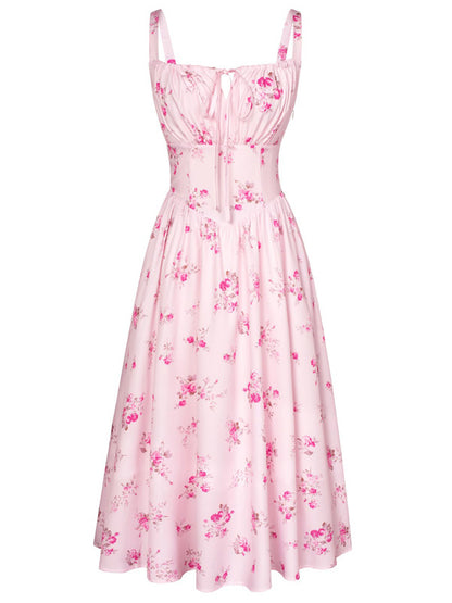 European And American Spaghetti-strap Floral Print Dress Waist-tight