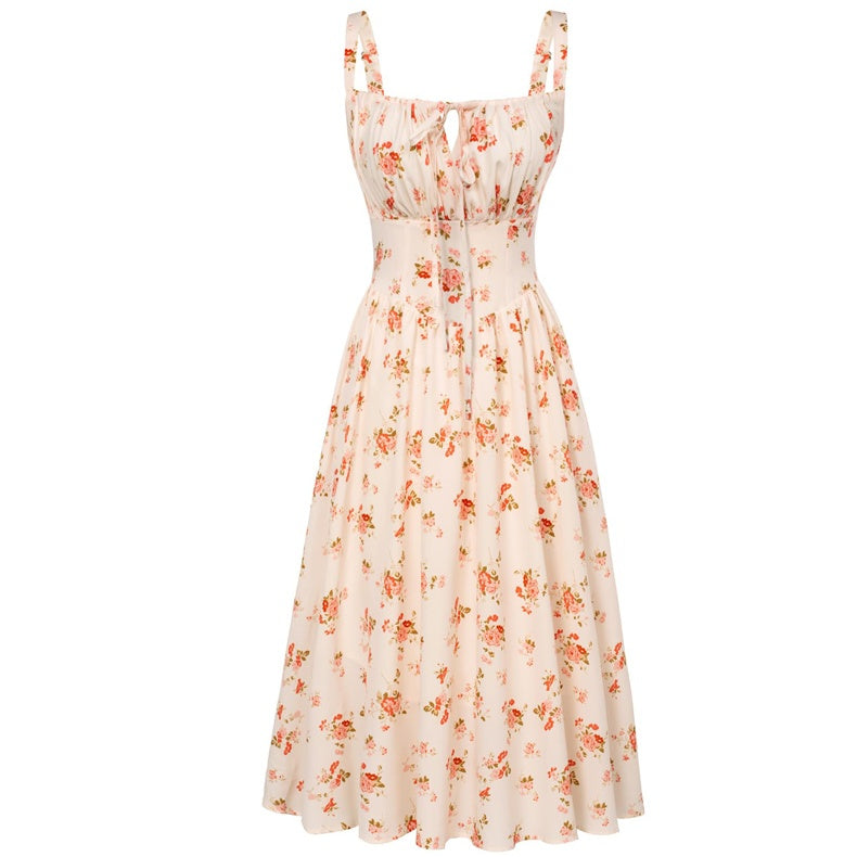 European And American Spaghetti-strap Floral Print Dress Waist-tight