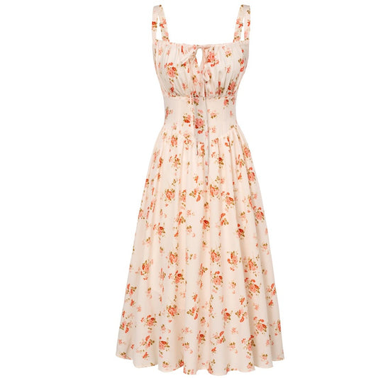European And American Spaghetti-strap Floral Print Dress Waist-tight
