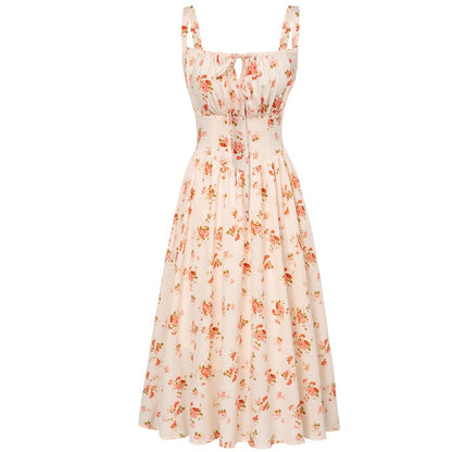 European And American Spaghetti-strap Floral Print Dress Waist-tight