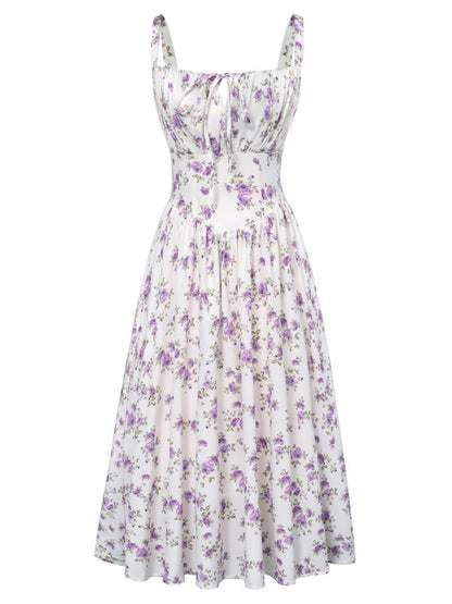 European And American Spaghetti-strap Floral Print Dress Waist-tight