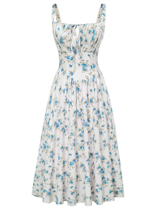 European And American Spaghetti-strap Floral Print Dress Waist-tight
