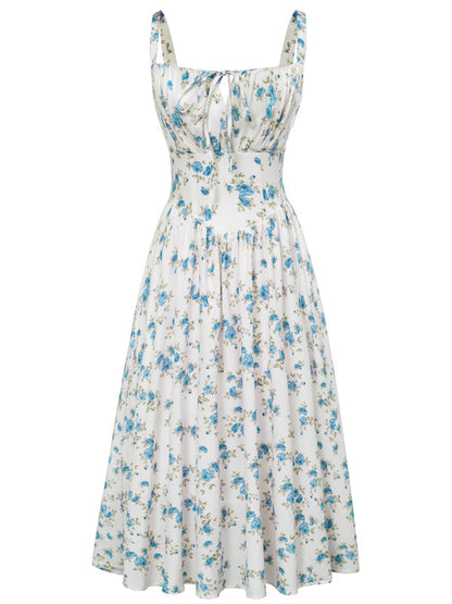 European And American Spaghetti-strap Floral Print Dress Waist-tight