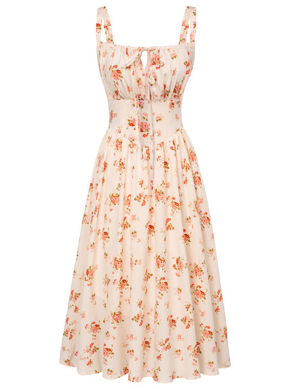 European And American Spaghetti-strap Floral Print Dress Waist-tight