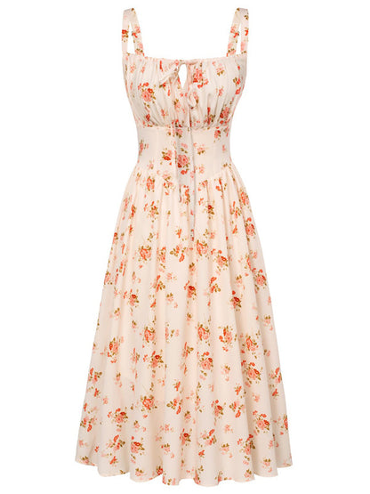 European And American Spaghetti-strap Floral Print Dress Waist-tight