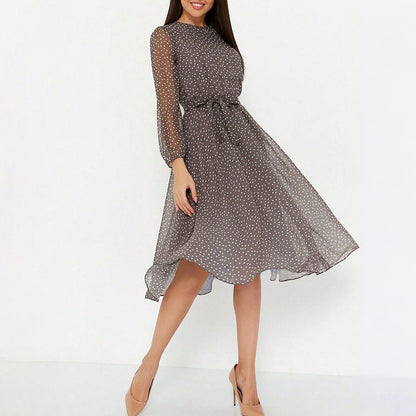 European And American Leisure Vacation Style Polka Dot Long Sleeve Maxi Dress