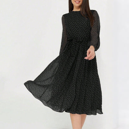 European And American Leisure Vacation Style Polka Dot Long Sleeve Maxi Dress